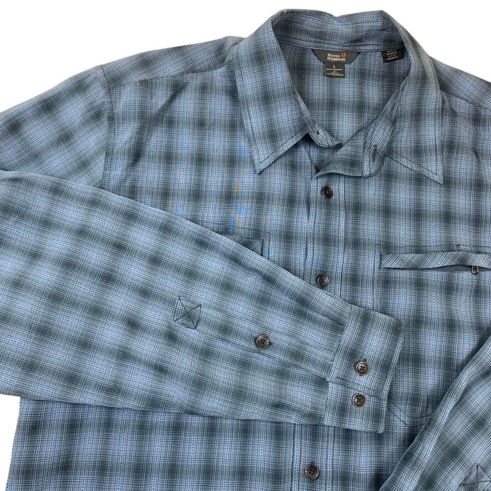Royal Robbins Shirt Mens L Blue Plaid Travel Hiking Modal Blend Pocket